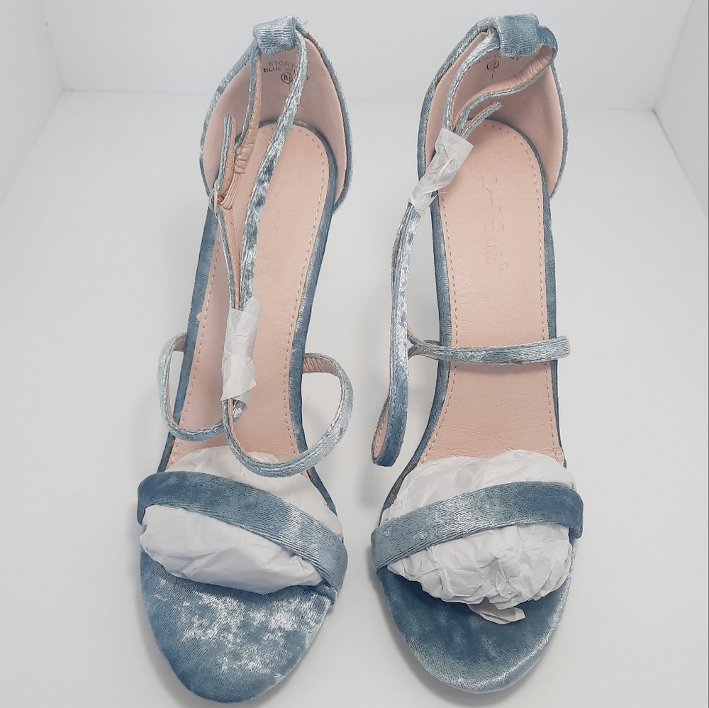 Velvet Crisscross Blue Heels Sz 8 , Sz 5,5 NEW - Picture 13 of 13